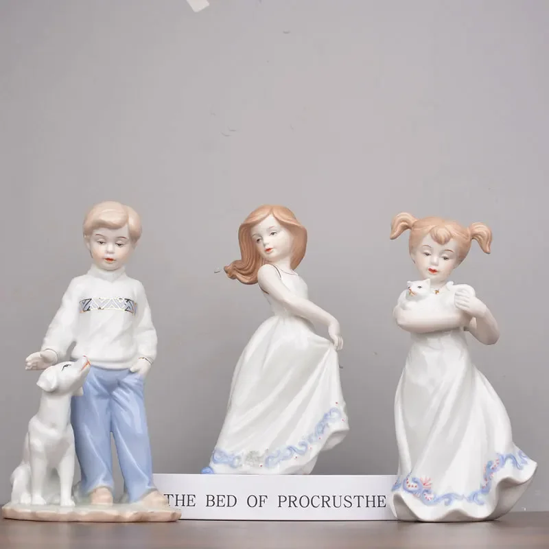 Porcelain Figurine Boy and Dog Ceramic Ornament Decorative Porcelain Figure of A Young Girl with Kittens