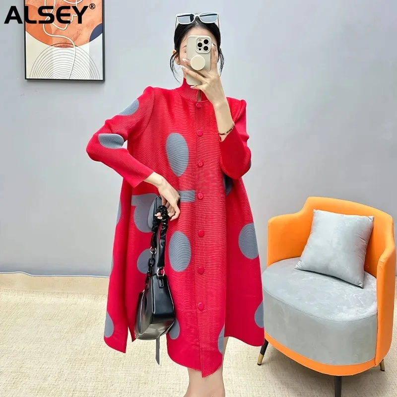 

ALSEY Miyake Pleated Print Dress Women Stand Collar A Line Medium Long Full Sleeve New Elegant 2024 Loose Clothing Female