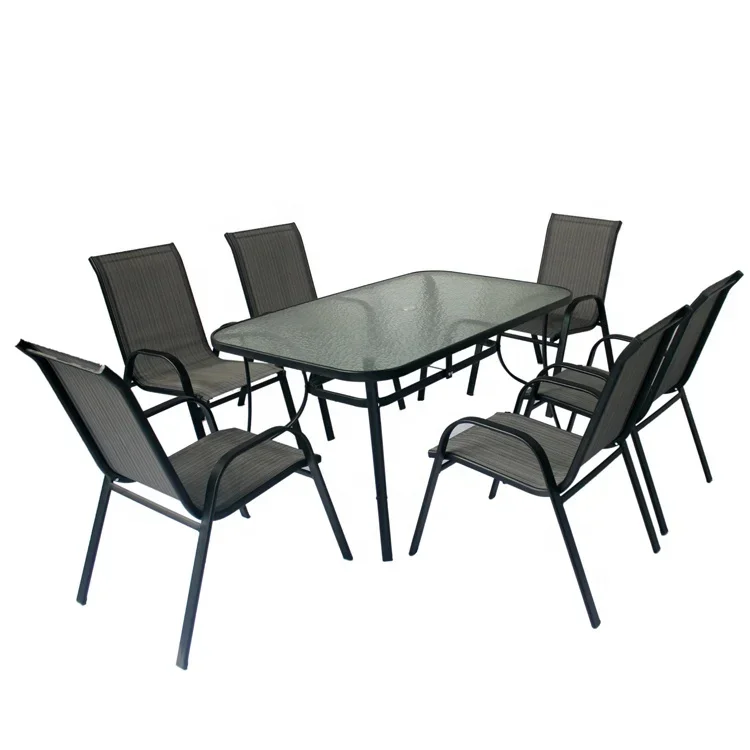 Outdoor patio dining steel  table and 6 stackable chairs garden bistro furniture set with umbrella