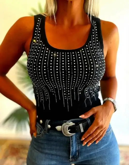 

Rhinestone Decor U-Neck Sleeveless Tee Slim Fit Backless Ribbed Tank Top