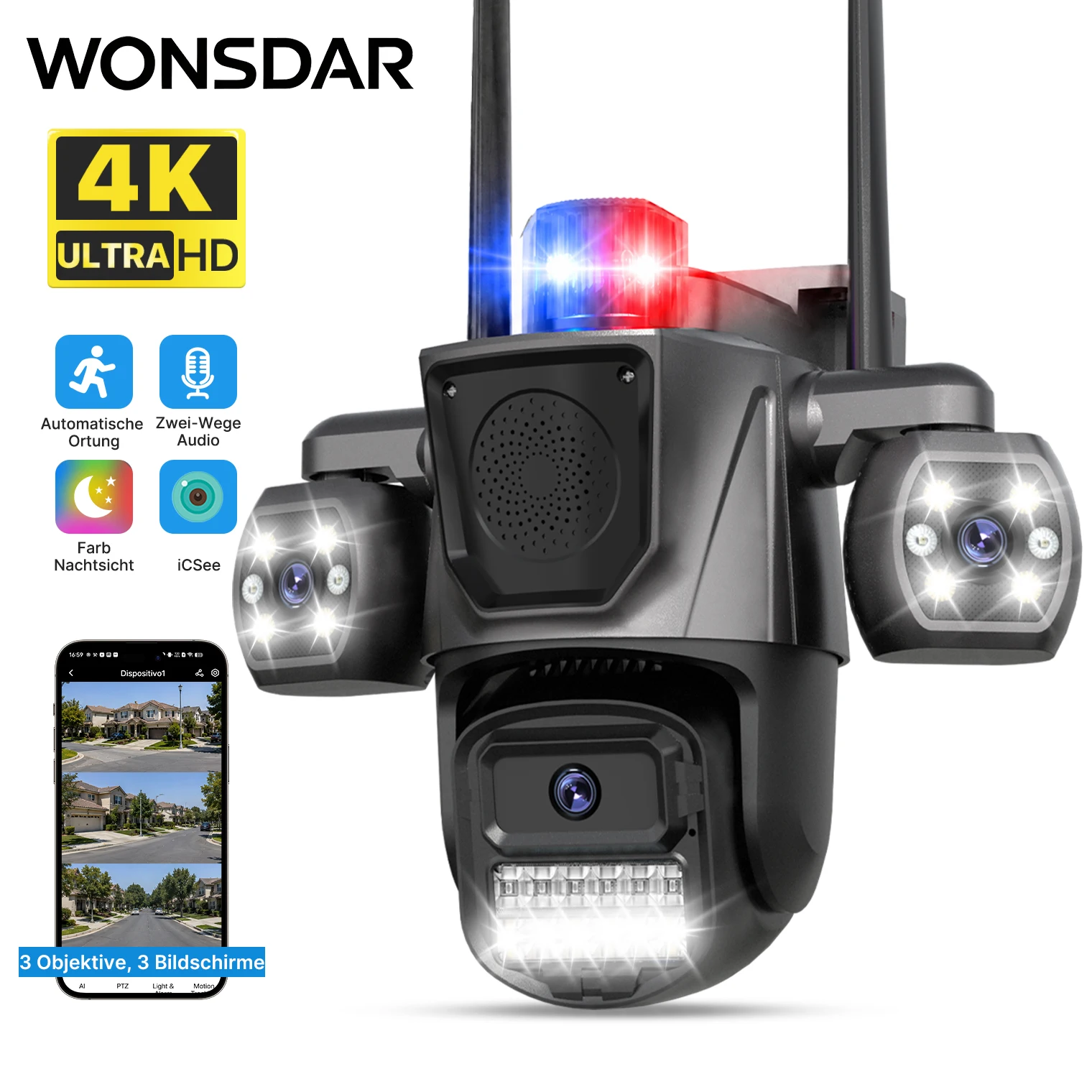 WONSDAR IP-Kamera mit drei Objektiven für den Außenbereich, integrierter Soundlautsprecher, WiFi-Kamera, Erkennung von Menschen, automatische Verfolgung, intelligente Nachtsicht, ICSee