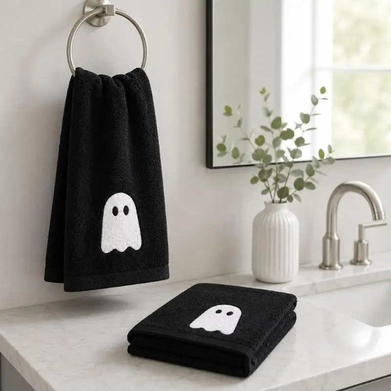 Halloween Hand Towel Set, 2 Piece Black and White Ghostly Design Towels in Soft Polyester for Bathroom Guest Display, Daily 87HA