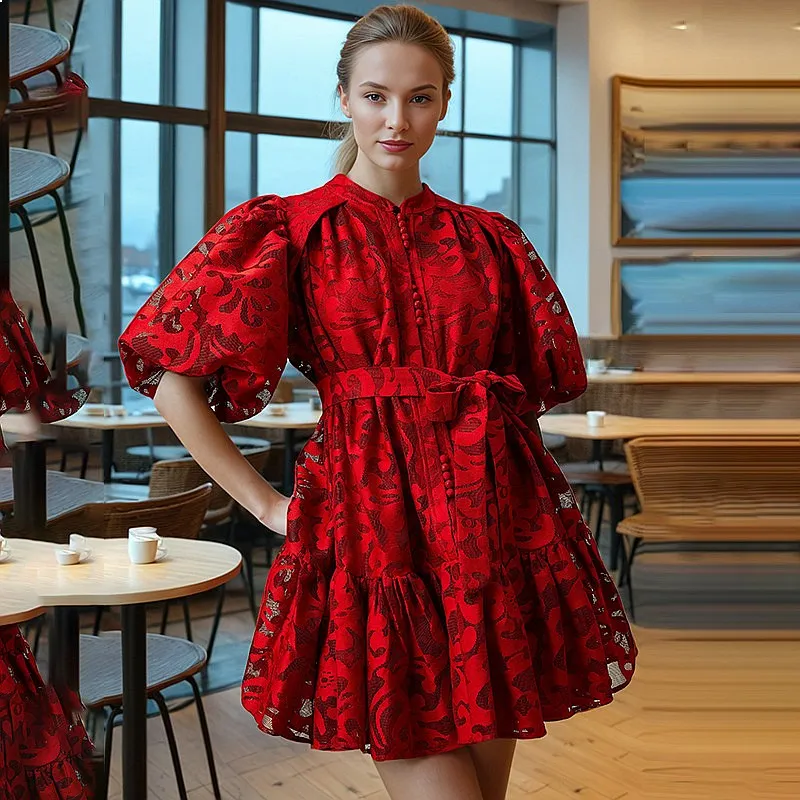European and American high-end short skirt 2026 spring new fashion bubble sleeve hollow jacquard strap loose dress women