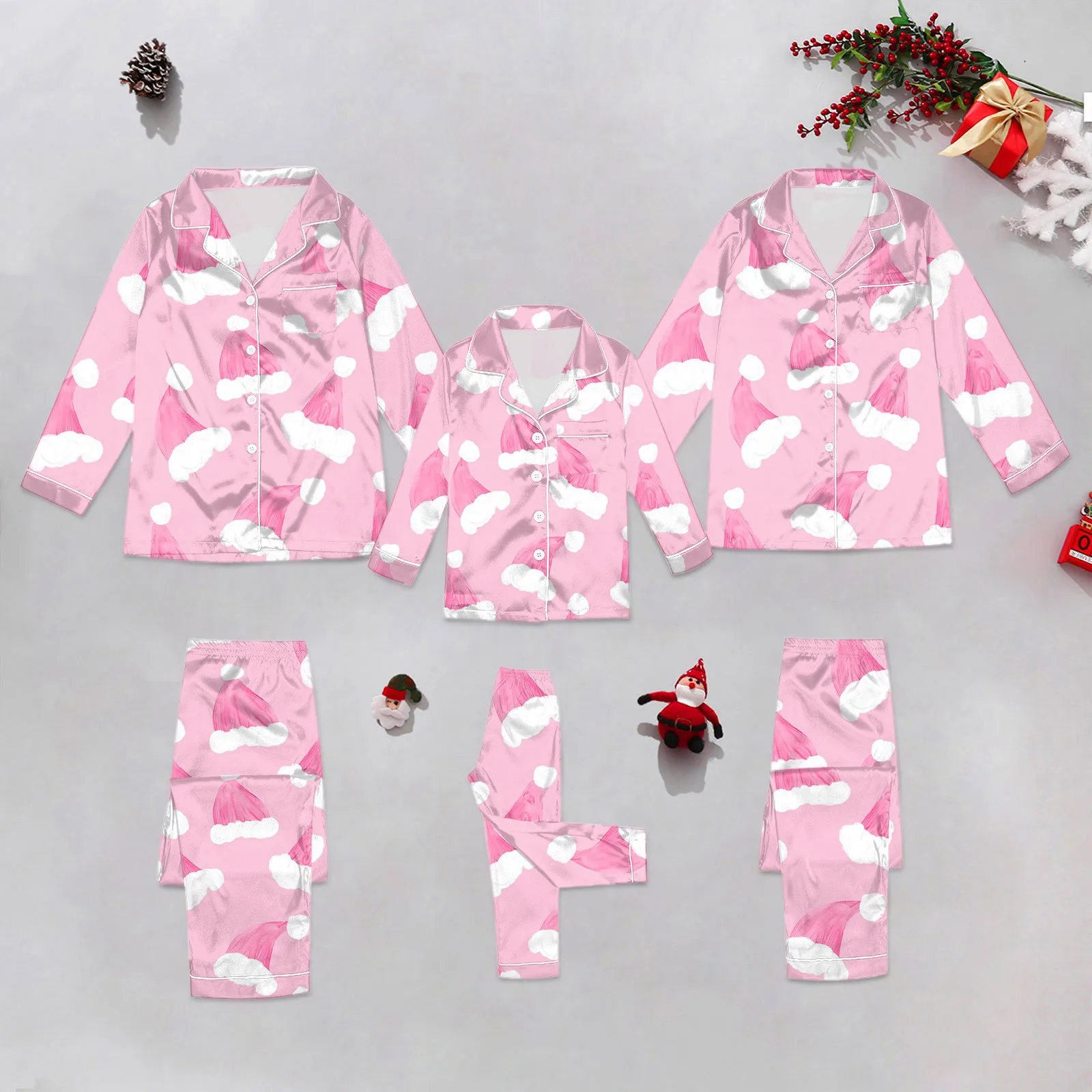 Women Santa Print Christmas Pajama Sets Sleepwear Pyjama Button Down Tops Pants Nightgowns Ladies Xmas Silk Satin Lingerie