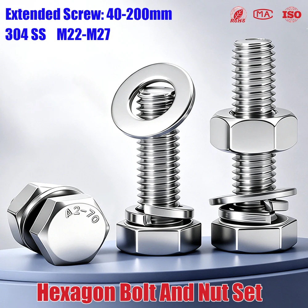 304 Stainless Steel Hex Bolt Nut Washer Set M22 M24 M27 Metal External Hexagon Head Cap Screws Extended Length Screw Assortment