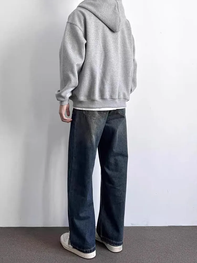 Calça Jeans Masculina Azul Escuro, Perna Reta, Inverno, Estilo Americano Retrô do, Perna Larga Soltinha, Micro Flare, Juv...