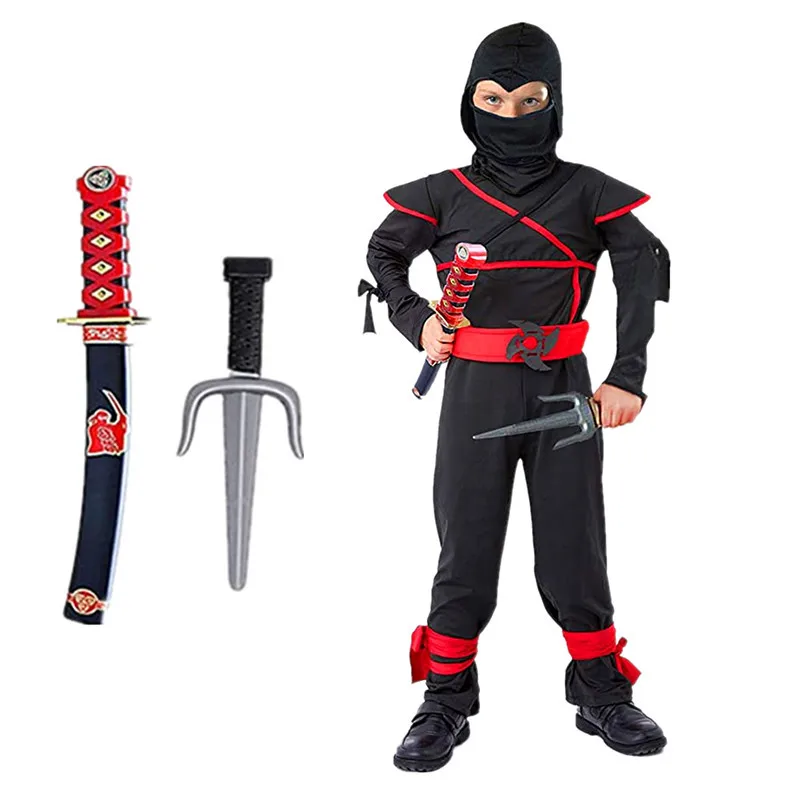 Red Ninja Costume Boy Halloween Japanese Samurai Costume Kid Ninja Jumpsuit with Ninja Foam Accessories Best Children Gift