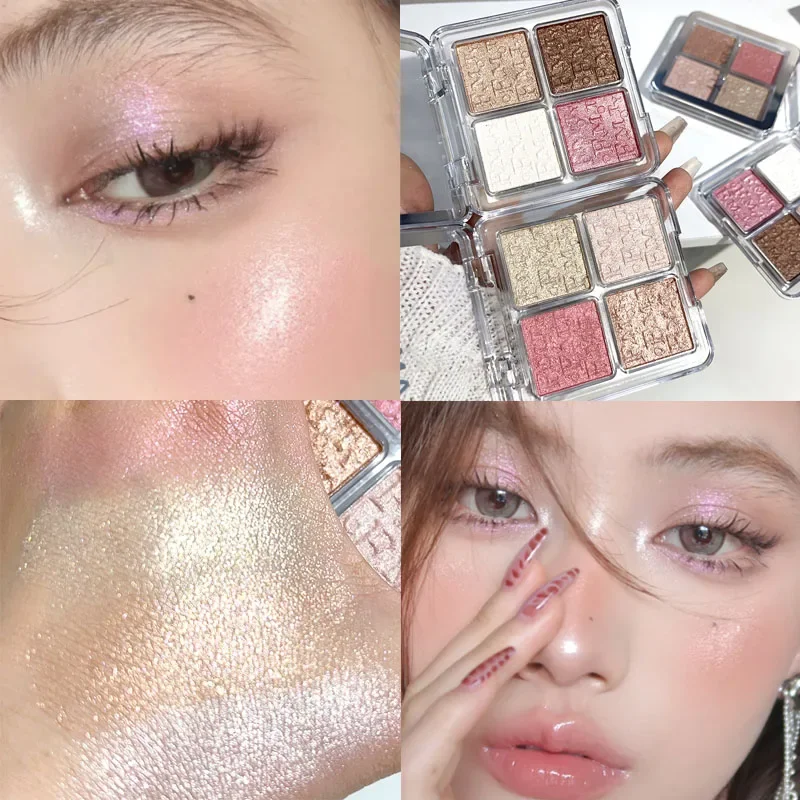 Diamante Rosa Sombra Em Pó Paleta, 4 Cores, Brilho Face Contour, Iluminador, Shimmer Highlighter, Sombra Maquiagem Rosto, Cosméticos