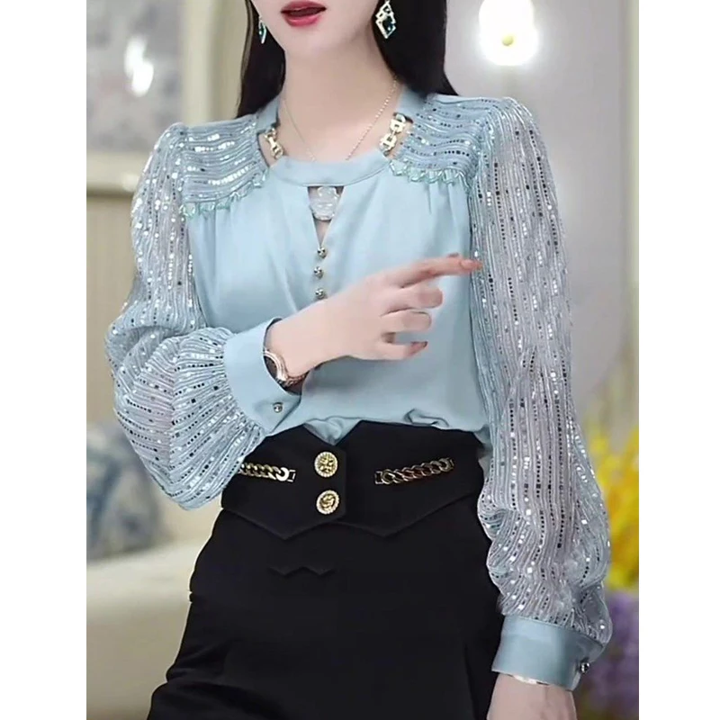 

Элегантная модная роскошная женская повседневная офисная блузка 2026 года, весенняя рубашка с длинным рукавом, блестящими пайетками и вырезами, пуловер