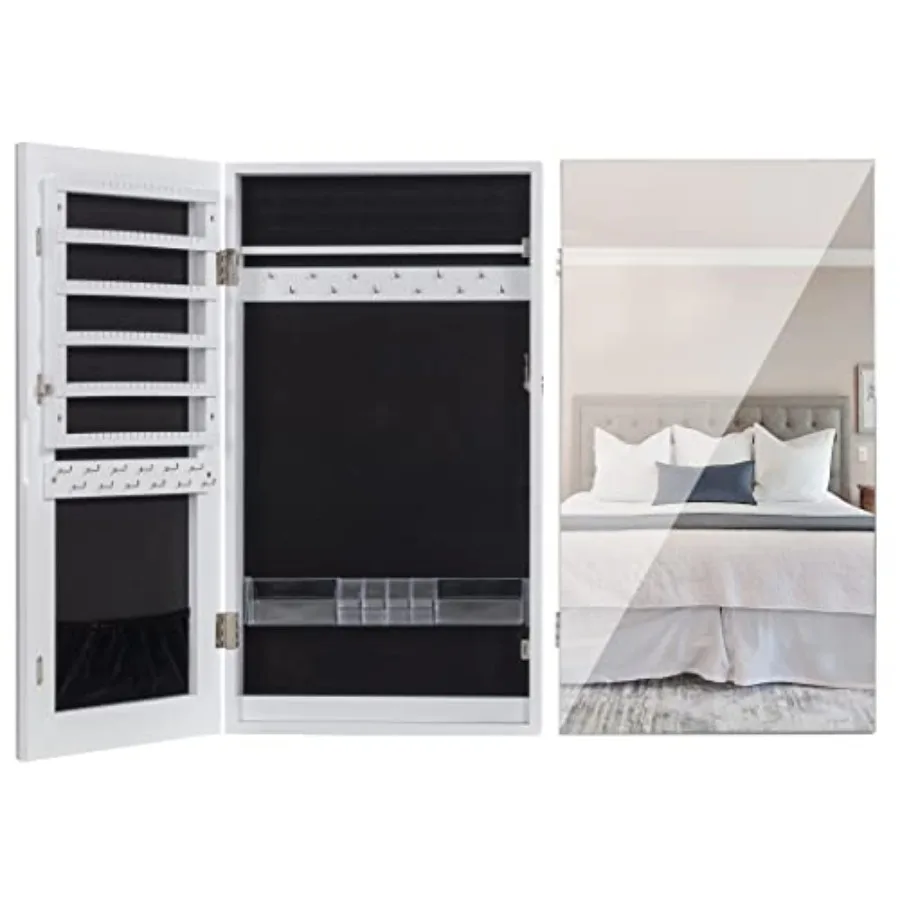 Lockable Jewelry Cabinet Armoire with Frameless Mirror Wall/Door Mounted Space Saving Jewelry Display Organizer with Lipstick C