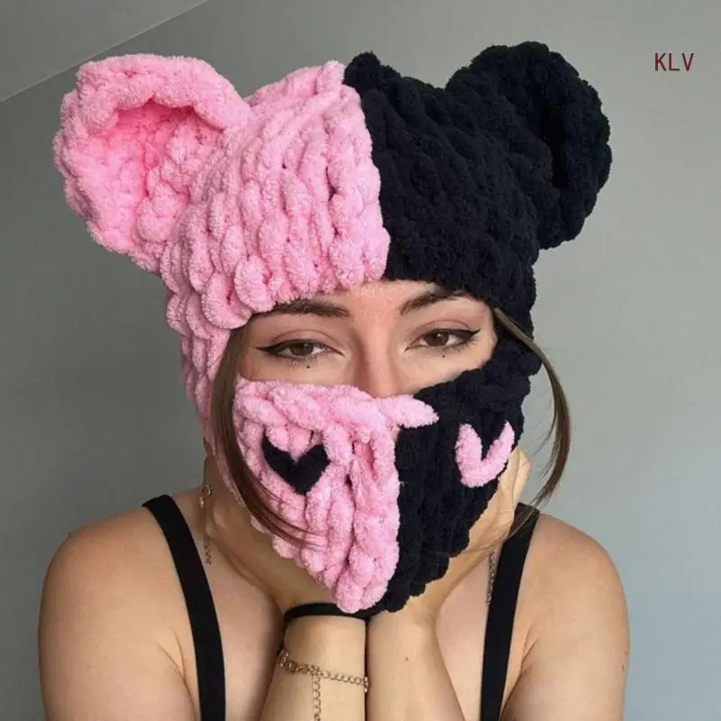 

Bear Ears Halloween Knitted Hat Warm Full Face Cover Ski Mask Hat Windproof Balaclava Hat for Men Womens