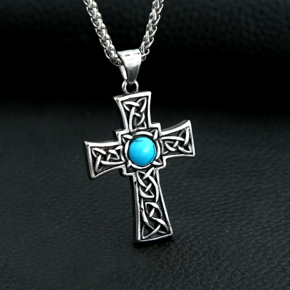 Unique Vintage Stainless Steel Blue Stone Cross Pendant Necklace For Men Women Viking Celtics Knot Cross Fashion Jewelry Gifts