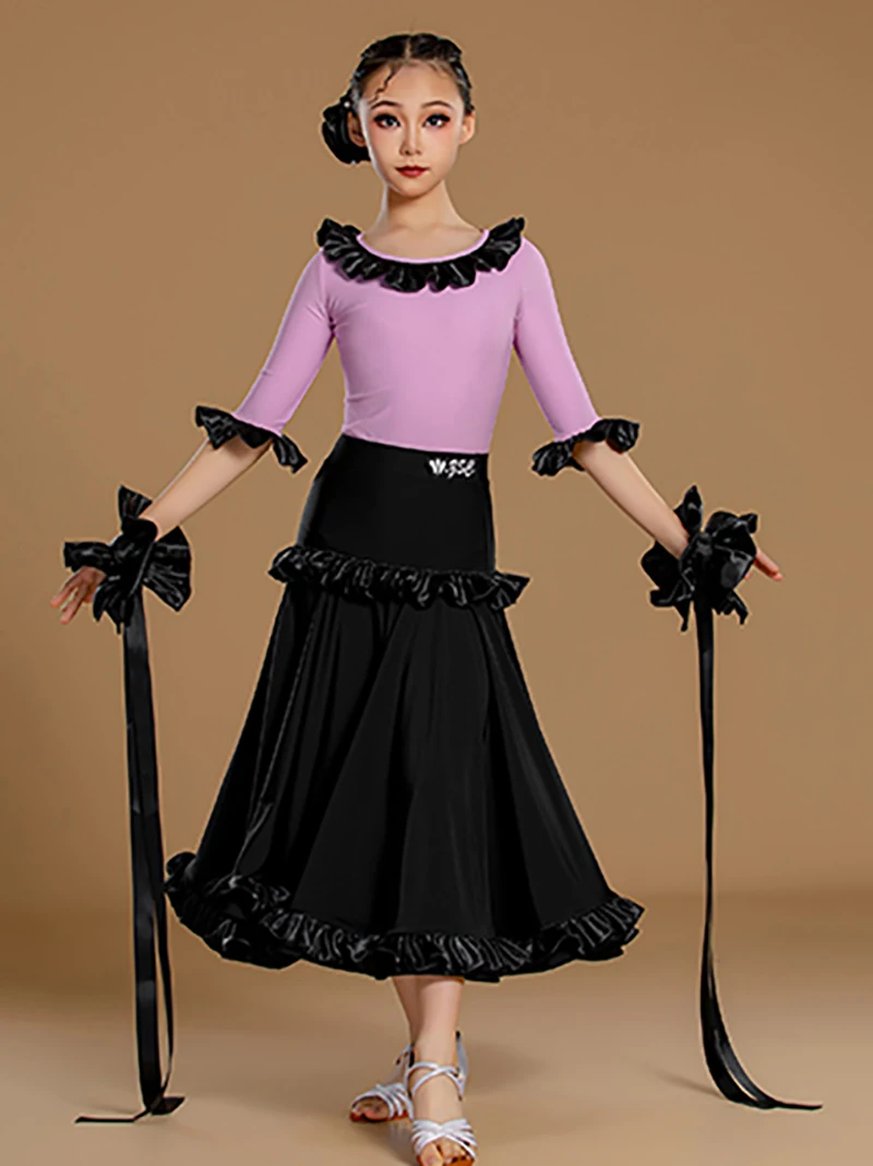 Kinder Mädchen Walzer Tango Gesellschaftstanz Professionelle Kleider Lila Schwarz Body und Rüschen Große Röcke Modernes Tanzkostüm