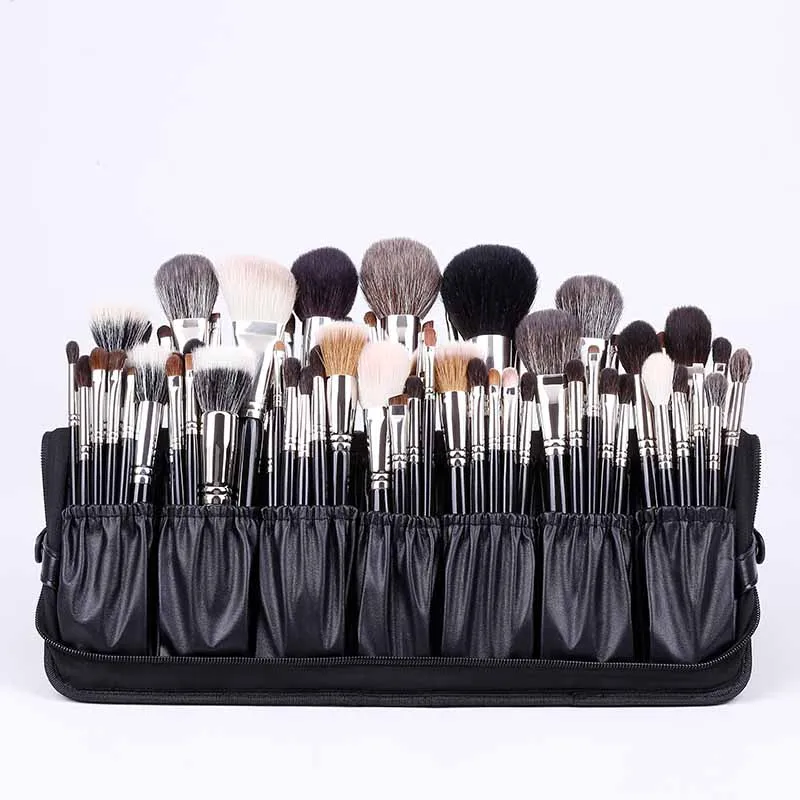 Rownyeon Professional Makeup Brushes Organizer Bag Makeup Artist Cosmetic Case Leather Makeup Handbag Black Travel Portable