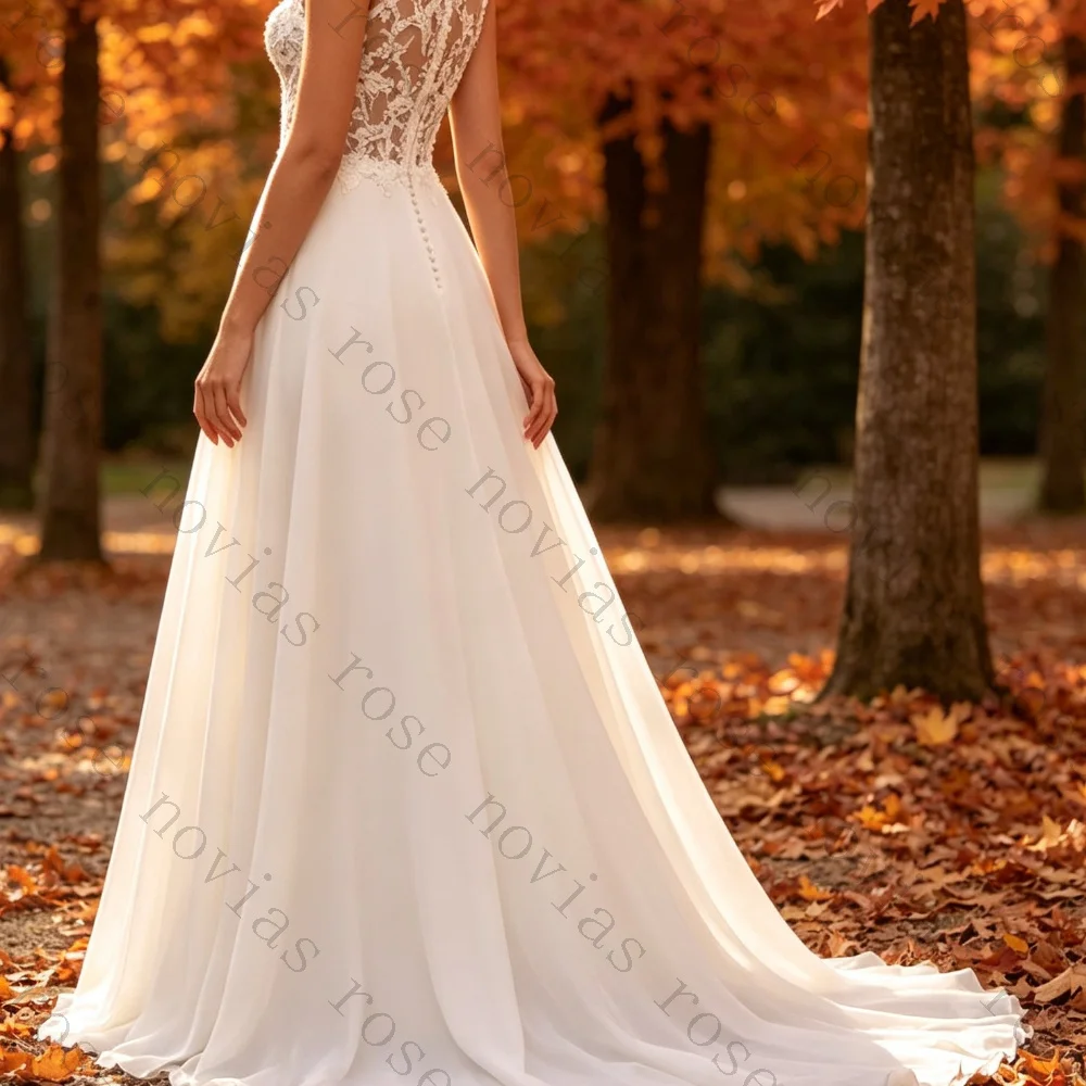 Customized Simple  Long Train Bridal Gowns High Neck Sleeveless Lace Chiffon Sheer Floral A Line Flowy Skirt Wedding Dresses