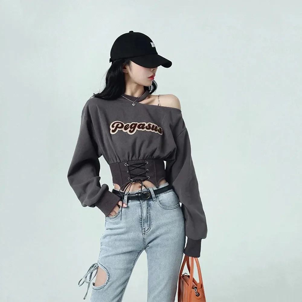 Harajuku Cropped Women Sweatshirt 2023 Autumn Crop Tops Y2k Pullover E-girl Off Shoulder Hoodies Clothes Streetwear Fashion Tees