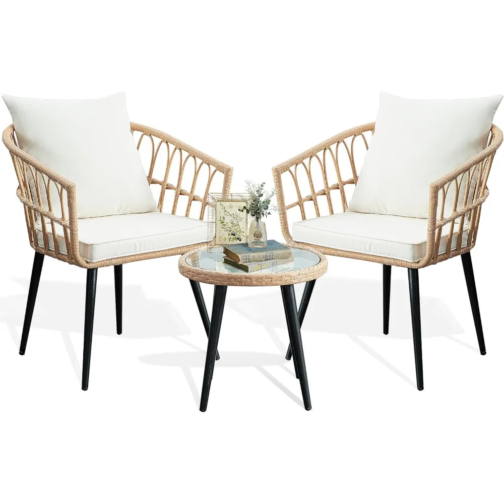 

3 Piece Patio Bistro Set, Outdoor Wicker Apartment Balcony Furniture Sets, Rattan Table and Chairs Set of 2 for Porch Backyard L