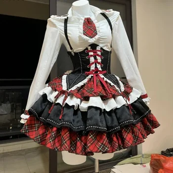 Patchwork w kratę Y2k sukienka Lolita zestawy Halloween jednolite Kawaii Mini spódniczka Cosplay Anime trzyczęściowy garnitur dla kobiet