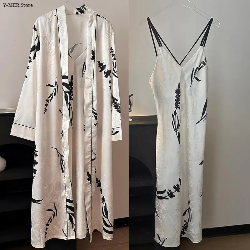 Women Fashion Printed 2Pcs Robe Suit Luxury Ice Silk Nightgown Long Kimono Bathrobe Suit Summer Night Dress Chemise Sleepwear