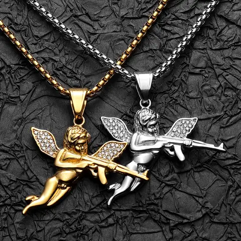 Angel Cupid AK47 Gun Amulet Men Necklaces Stainless Steel Pendant Chain Women Jewelry HipHop Rock Accessories Gifts Wholesale