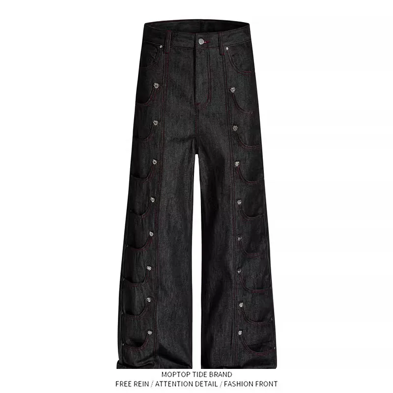 American Design Multi-Pocket Original Denim Jeans Straight Leg Pants Metal Decoration Unisex Spring Lightweight Denim
