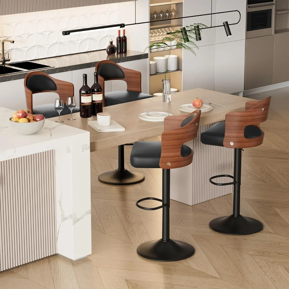 

Bar Stools Set of 4, Wooden Upholstered PU Leather Barstools with Back & Footrest,Seat Adjustable Height 24.5-33.5IN