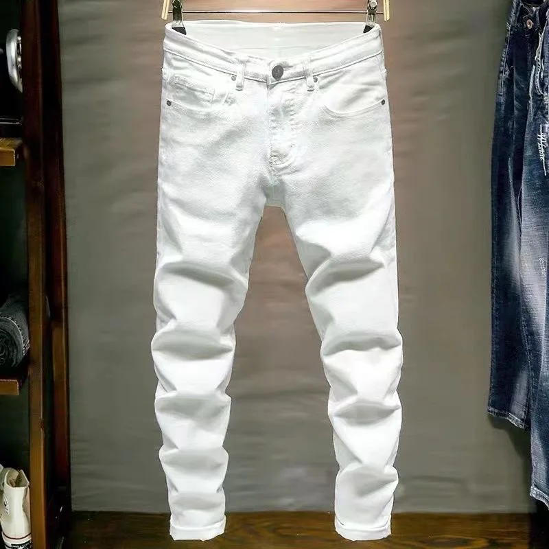 

Pring и осень, новые модные однотонные прямые эластичные брюки с маленькими штанинами для мужчин, повседневные спортивные джинсы высокого качества