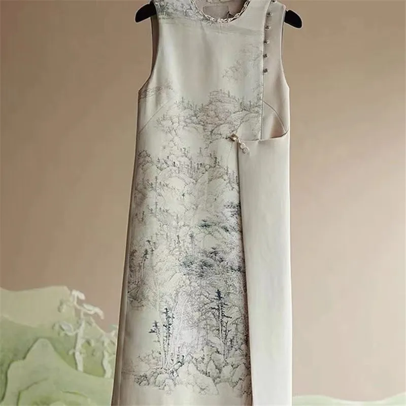 Fashion Chinese Style Printed Vest Dress Women O-Neck Sleeveless Dresses Woven Design Irregular Patchwork Vestidos Autumn 3558