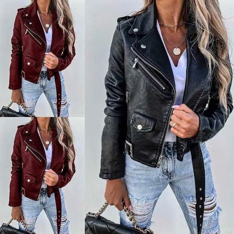 Motorcycle Jacket Women Fur Coat Leather Thickened PU Leather Zipper Closure Slim Fit Long Sleeve Coat for Autumn Season