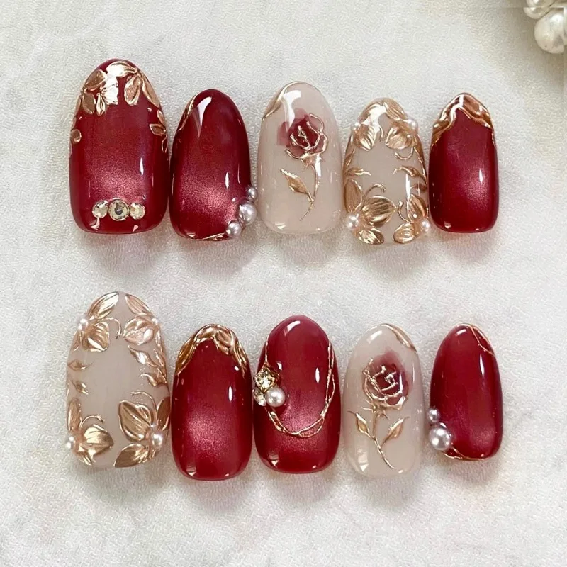 

24PCS Gilt Rose Almond Stick on False Nails with Glue Red Cat Eye Shiny French Fake Nails for Women Simple Sweet Design Tips Art