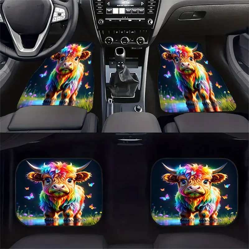 4pcs Highland Cow Floor Mats Set - Non-Slip Car Floor Liners With Scottish Cow Design (Rainbow Colors: Pink, Blue, Green, Yellow