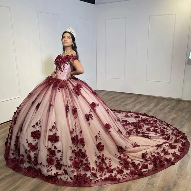 

Dark Red Ball Gown Quinceanera Dresses Off Shoulder Lace up Back Sweep Train 3D Floral vestido para festa de 15 anos