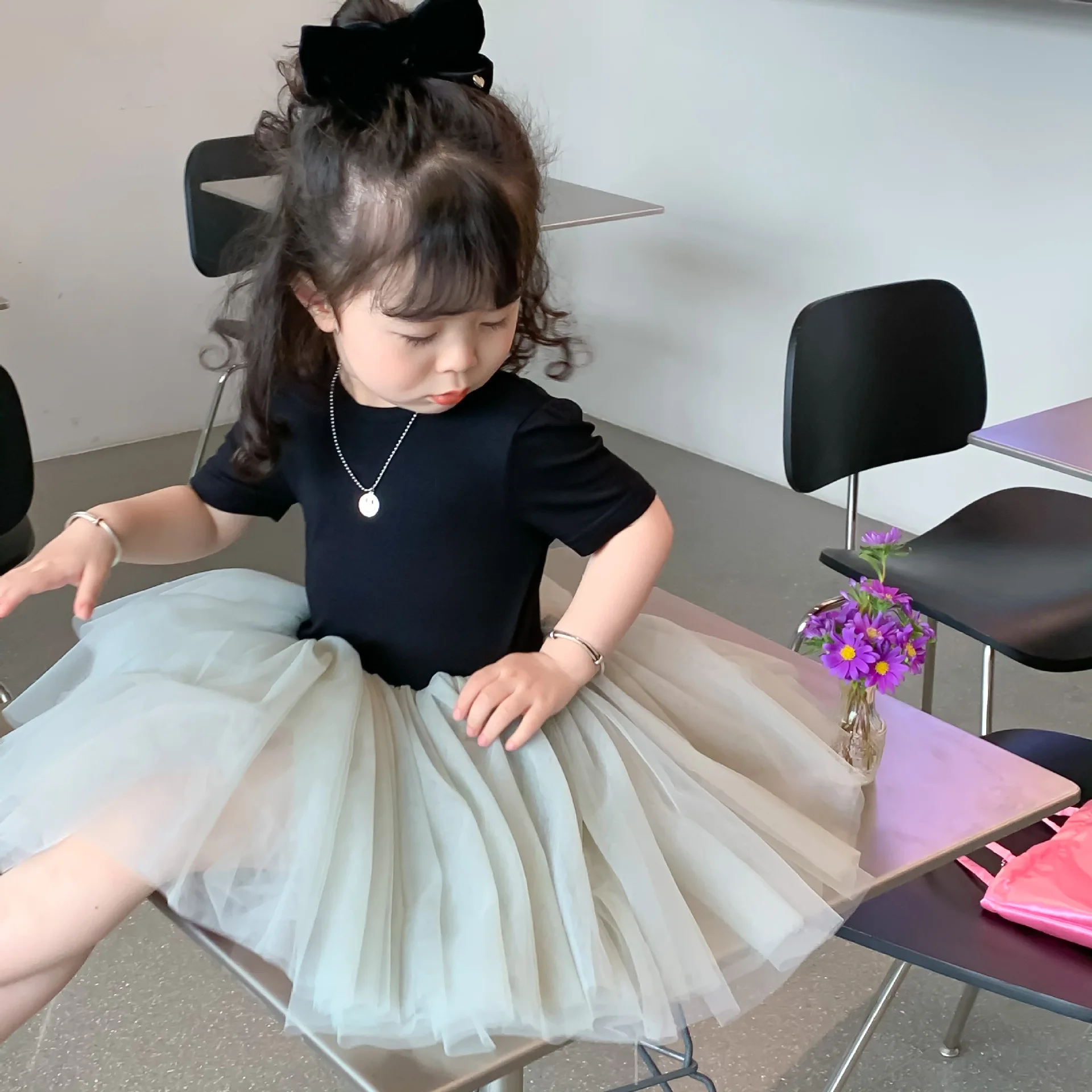2025 Summer Girl Backless Girl Fluffy Gauze Skirt Children's Ballet Dress Sweet and Cute Mesh Princess Short Sleeved Dress