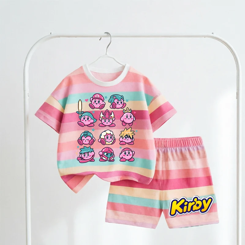 Kawaii Kirbys Girl Striped Short Sleeved Suit Kids Cute Short Sleeves Shorts Anime Cartoon T Shirt Summer Tees Fashion Clothes