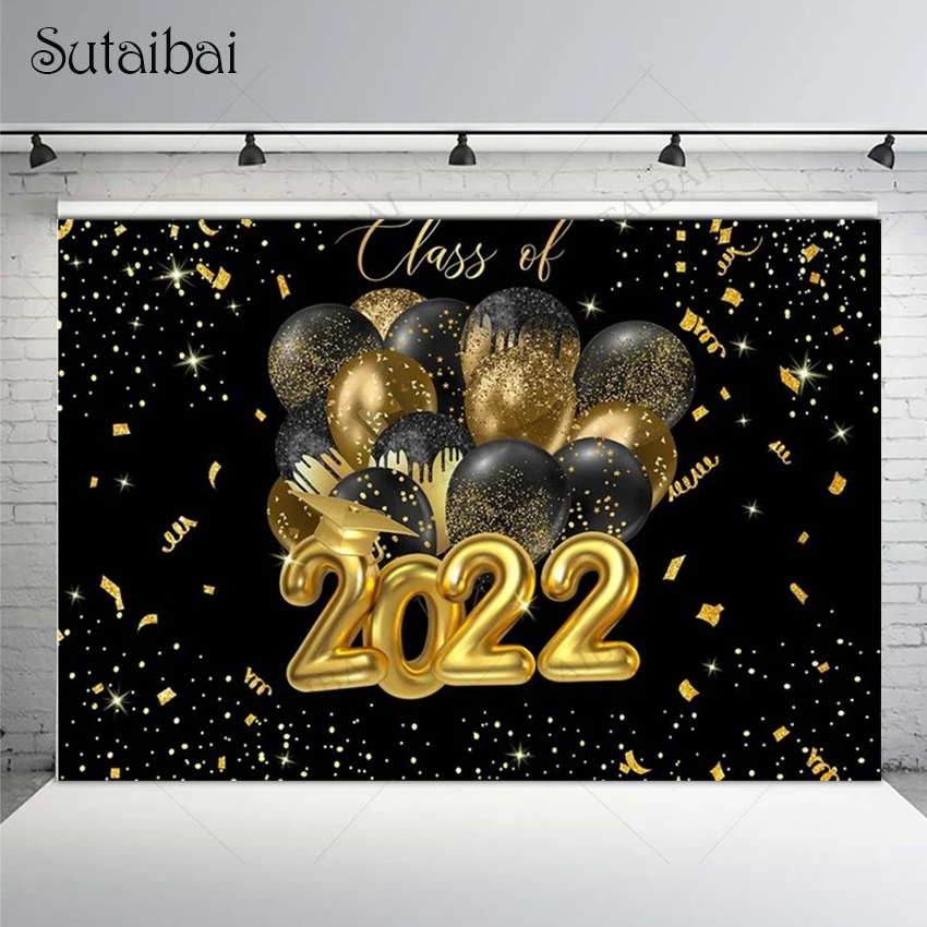 

Graduation Celebration of 2022 Black and Gold Photography Background Glitter Spots Party Deco Supplies Vinyl Cloth Banner Poster