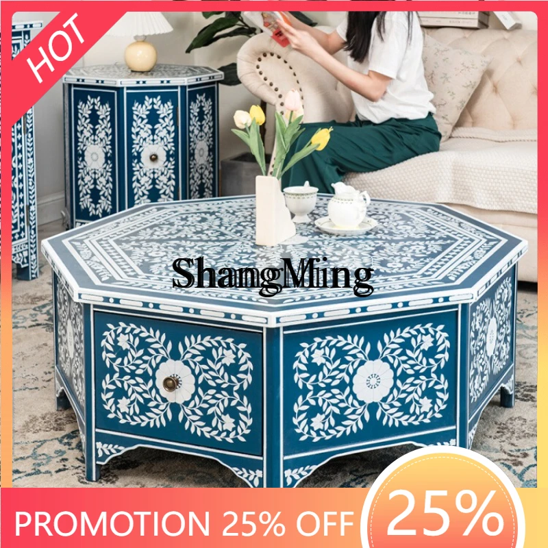 

SM wood living room tea table octagonal table art pattern small apartment low table retro furniture