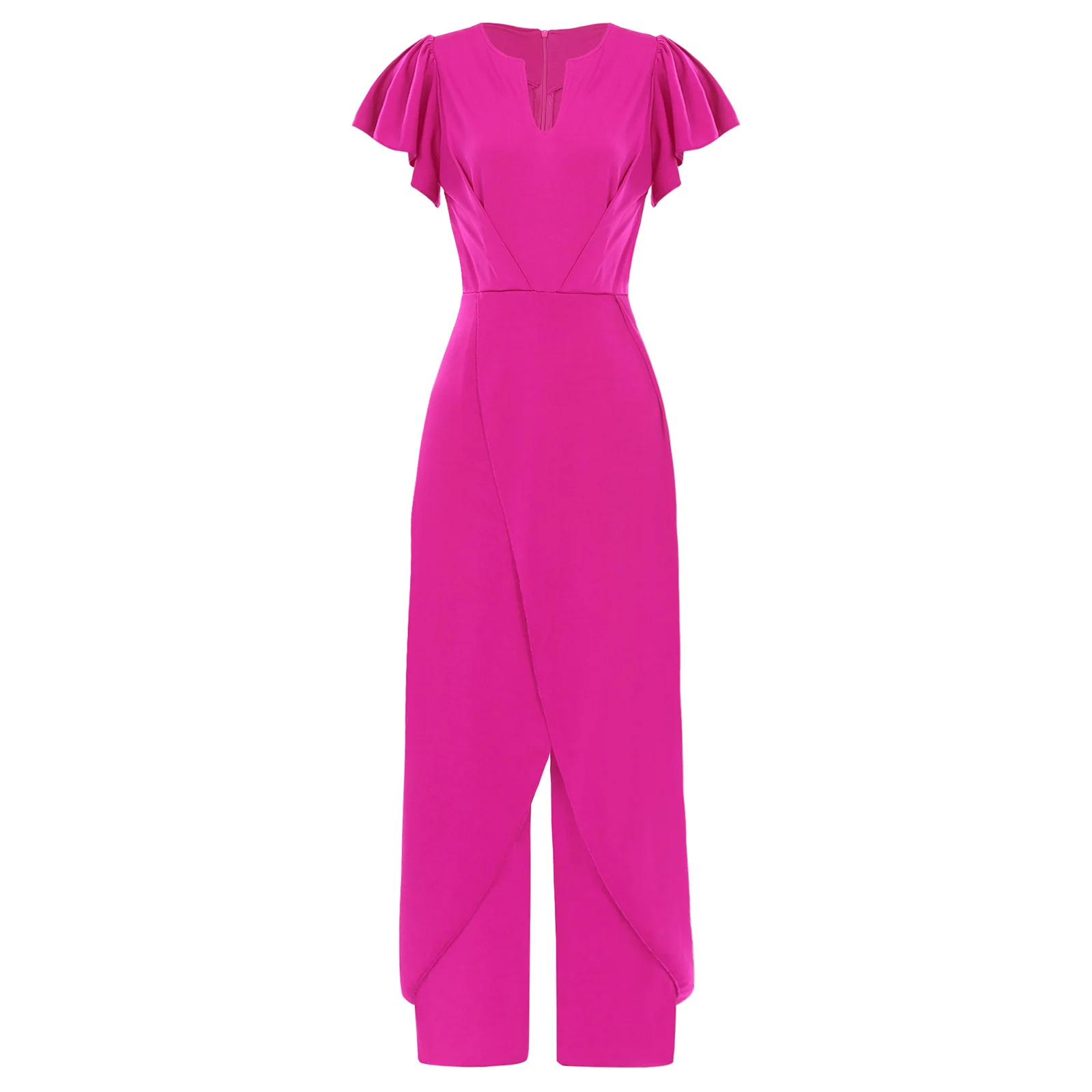 Elegant Women Solid Color Jumpsuit Short Sleeve V-neck Wide-leg Jumpsuits for Party Wedding Cocktail Formal Occasions Bodysuit