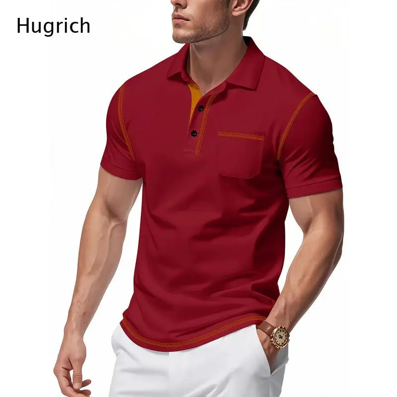 Men Breathable Contrast Gold Stitch Chest Pocket Lapel Collar Short Sleeve Polo Shirt