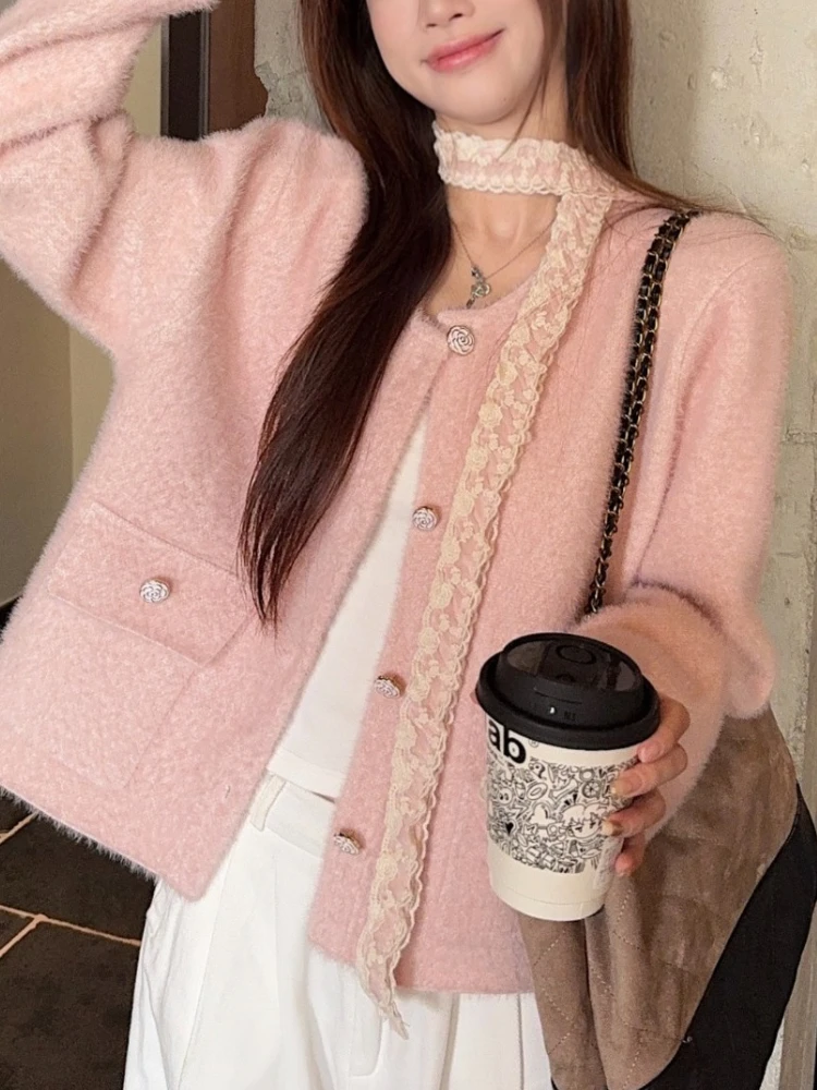 Sweet Pink Cardigan Jacket Women Autumn Loose Fit Long Sleeve Lace Trim Button Up Coat Elegant Soft Casual Retro Chic Outfit