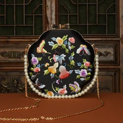 Cape-Bay Embroidered Women's Bag to Pair with a Qipao, Chinese Classical Beauty Floral Embroidered Small Bag, Floral Fabric Bag with Gold Trim and Gold Lock Chain, Fashionable Niche Black Floral Fabric Bag, Banquet Party Casual Shoulder Bag Crossbody Bag