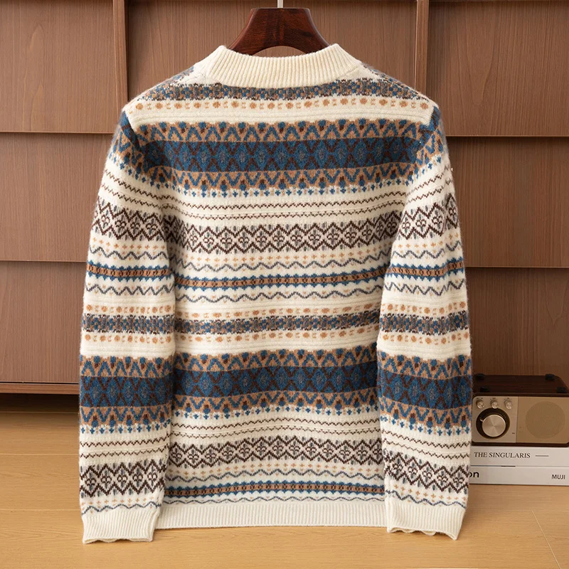 Autumn/Winter New Men's Sweater Jumper 100% Pure Wool Knitt Half High Neck Pullover Business Casual Jacquard Thickened Menswear