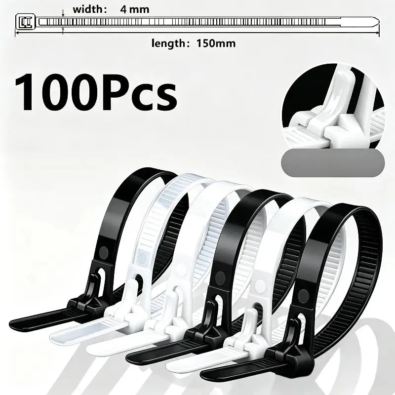 100 Pcs Reusable Nylon Zip Ties Removable Buckle Design Recyclable Black White Cable Lock Loop Straps For Cable Organizing