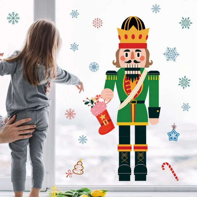 Christmas Nutcracker Wall Stickers PVC Snowflakes Window Fridge Decals Nutcracker Soldier Shop Window Decoration Wall Stickers