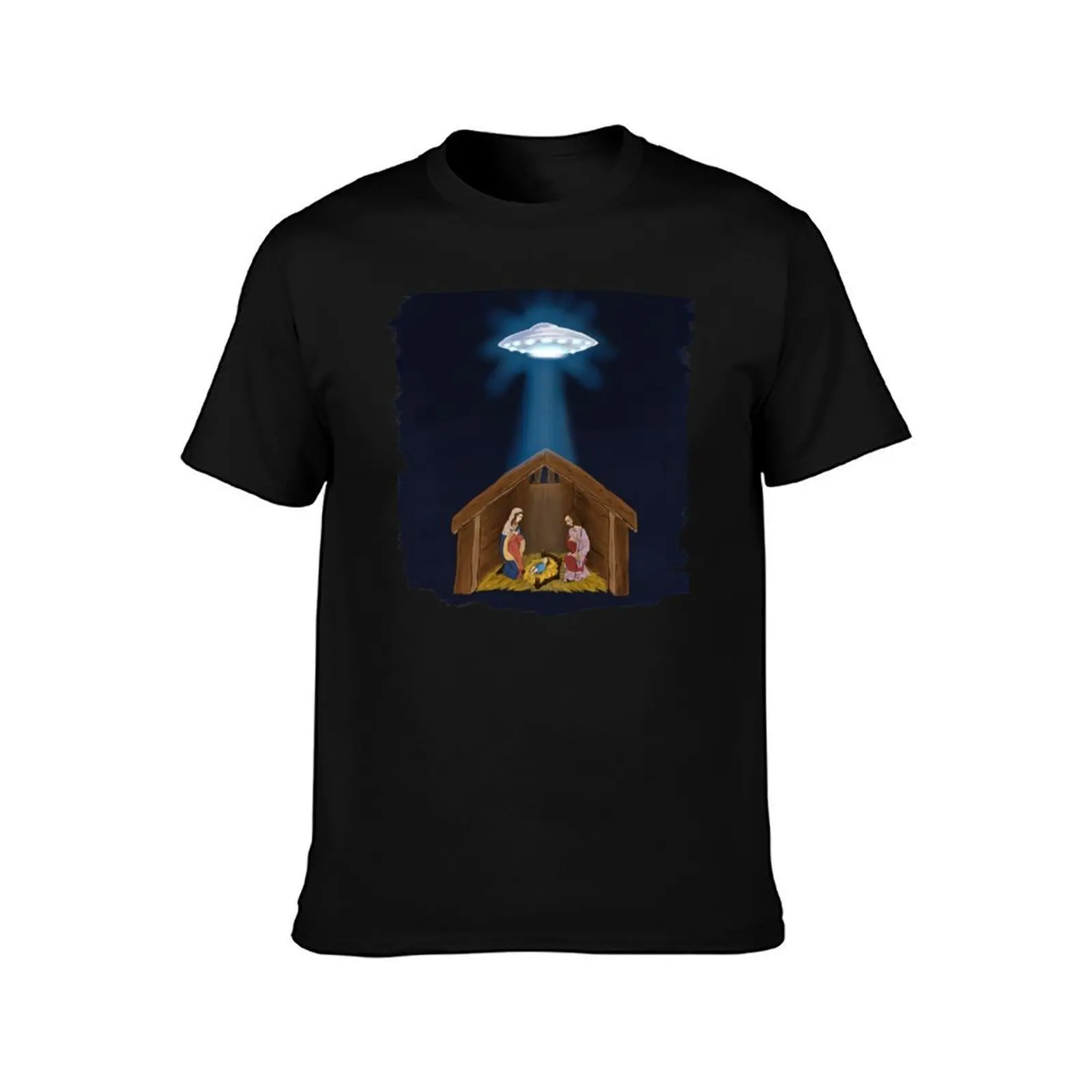 Jesus Nativity With UFO Star T-Shirt, Summer Casual Cotton Tee, Oversized Streetwear Tops, Vintage Graphic Print, 100% Cotton
