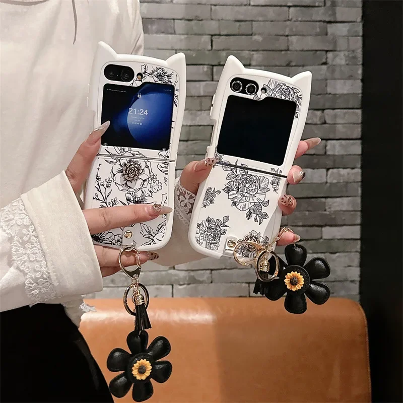 Casing ponsel sketsa bunga untuk Samsung Galaxy Z Flip 6 5 4 3 penutup belakang pelindung untuk ZFlip4 ZFlip5 ZFlip6 casing