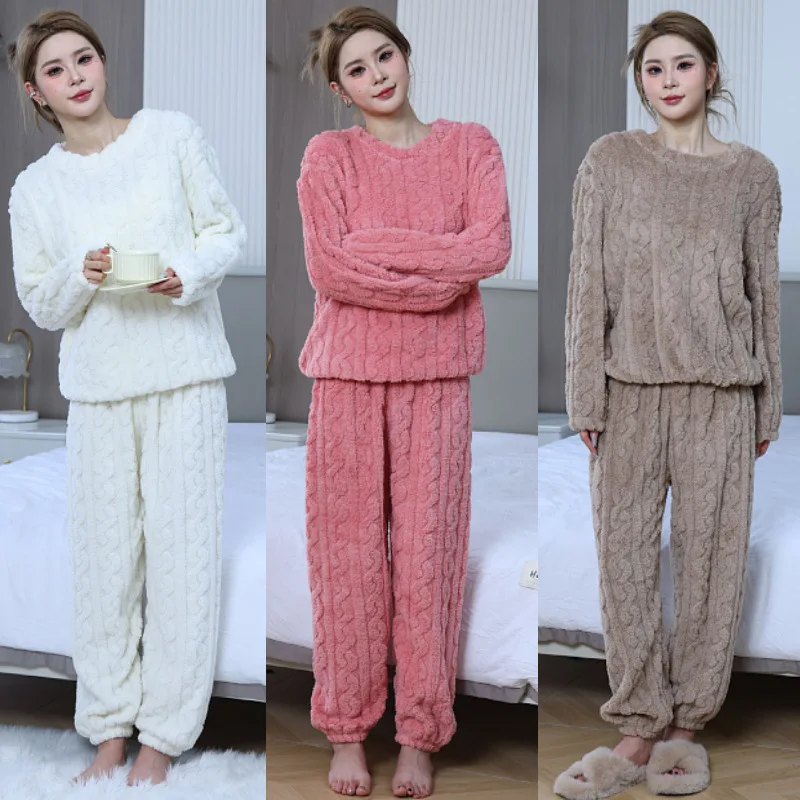 Conjuntos de pijamas de 2 uds para mujer, ropa de dormir cálida de invierno para dormir, conjunto de pijama para mujer, forro polar grueso, ropa informal para el hogar para parejas, otoño