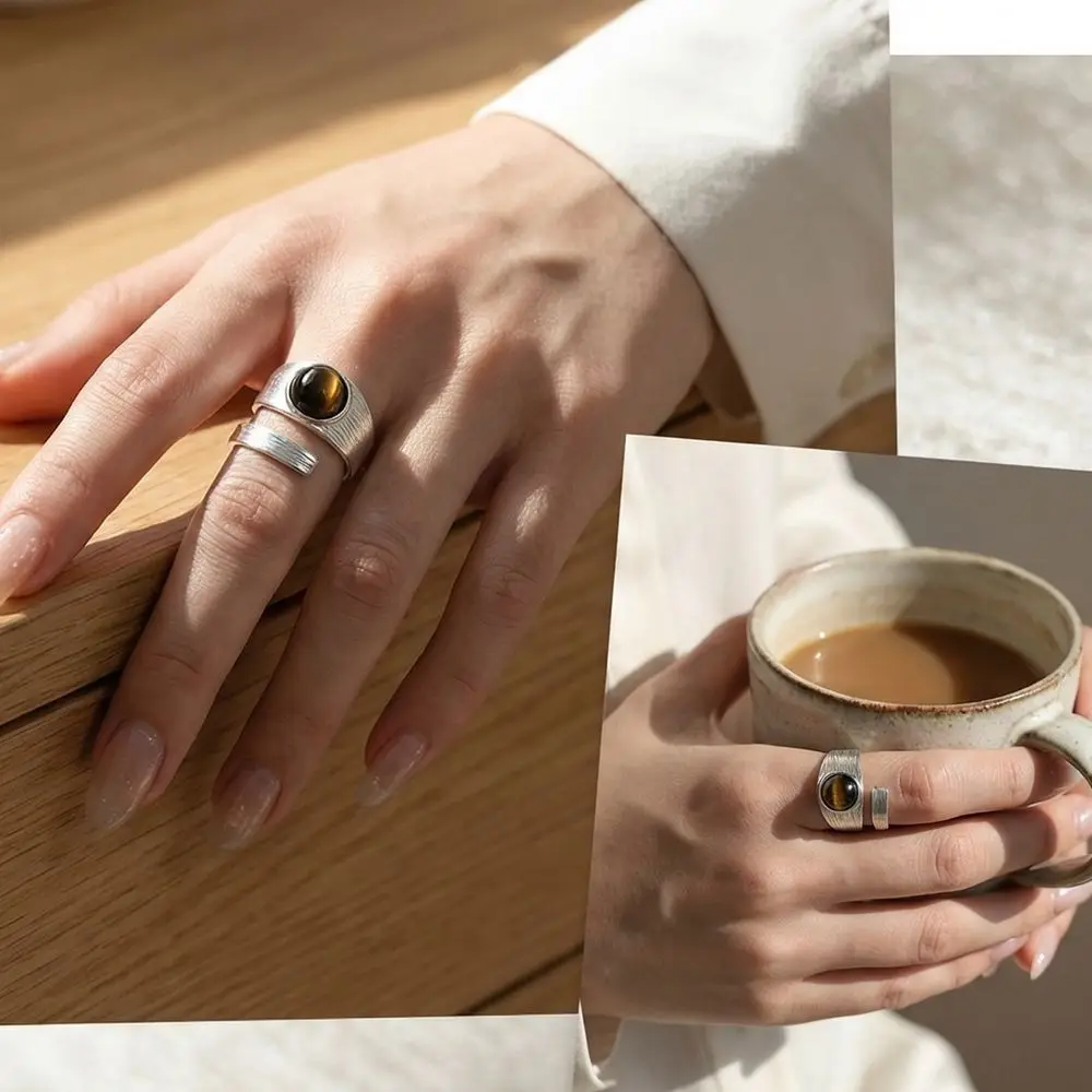 Elegant Tiger Eye Stone Rings Irregular Copper Vintage Adjustable Open Rings Big Stone Charm Niche Minimalist Rings Women