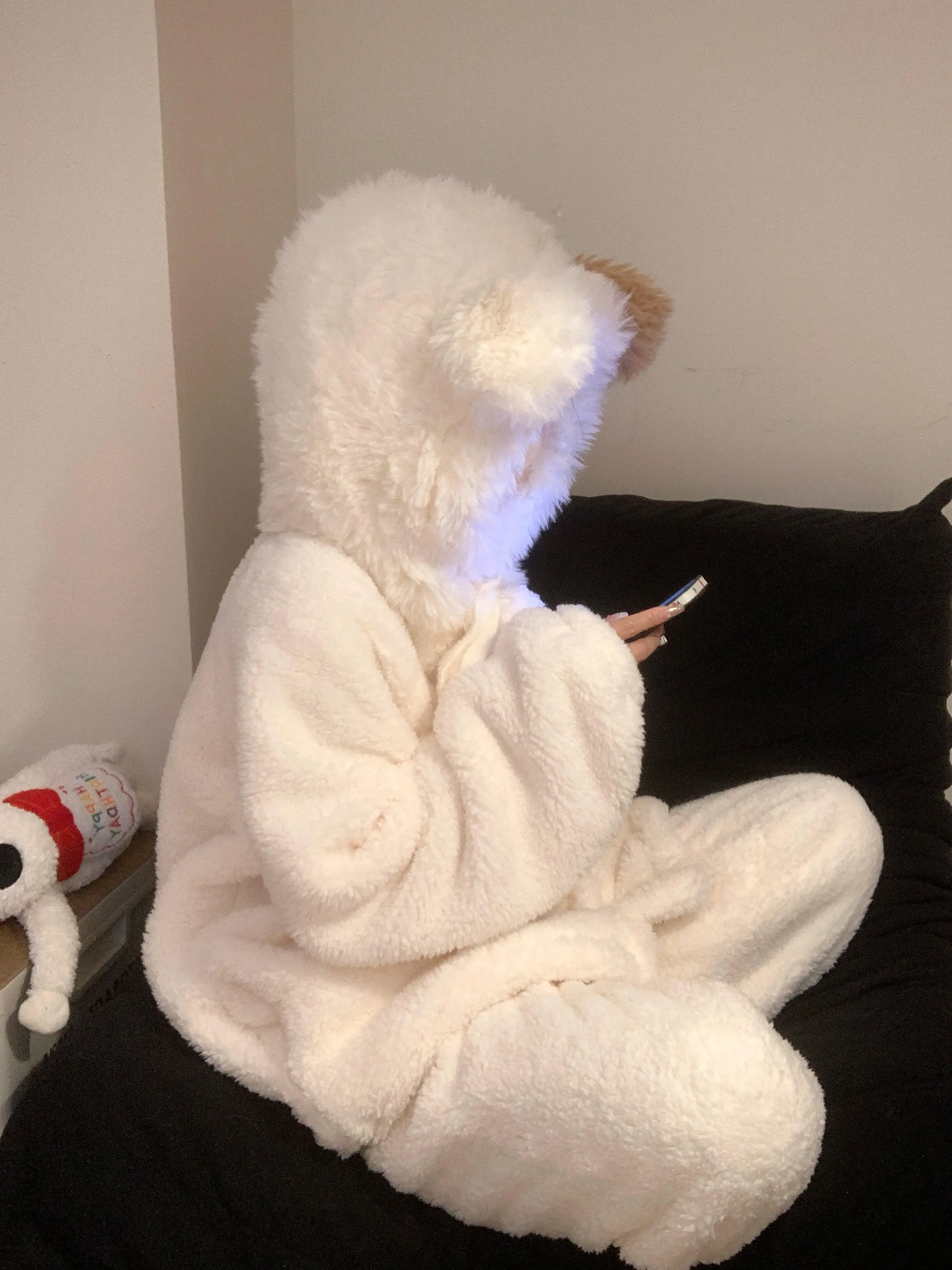 Cute Plush Coral Fleece Sleepwear Women's Thickened Fleece Hooded Home Clothes Set Winter New Style Large Size Polyester Fiber
