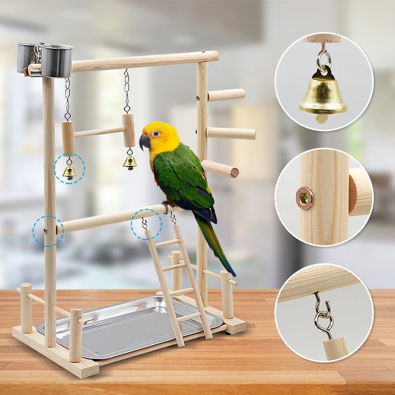 Pet Parrot Playstands with Cup Toys Tray Bird Swing Climbing Hanging Ladder Bridge Wood Cockatiel Playground Bird Perches