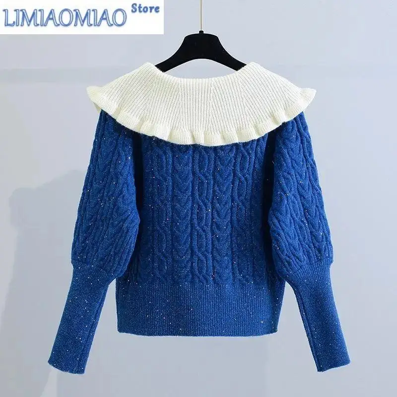 Nuevo Suéter de punto acrílico de manga larga con perlas y cuello Peter pan de giros azules para mujer, jersey de moda, suéteres, cárdigan de otoño